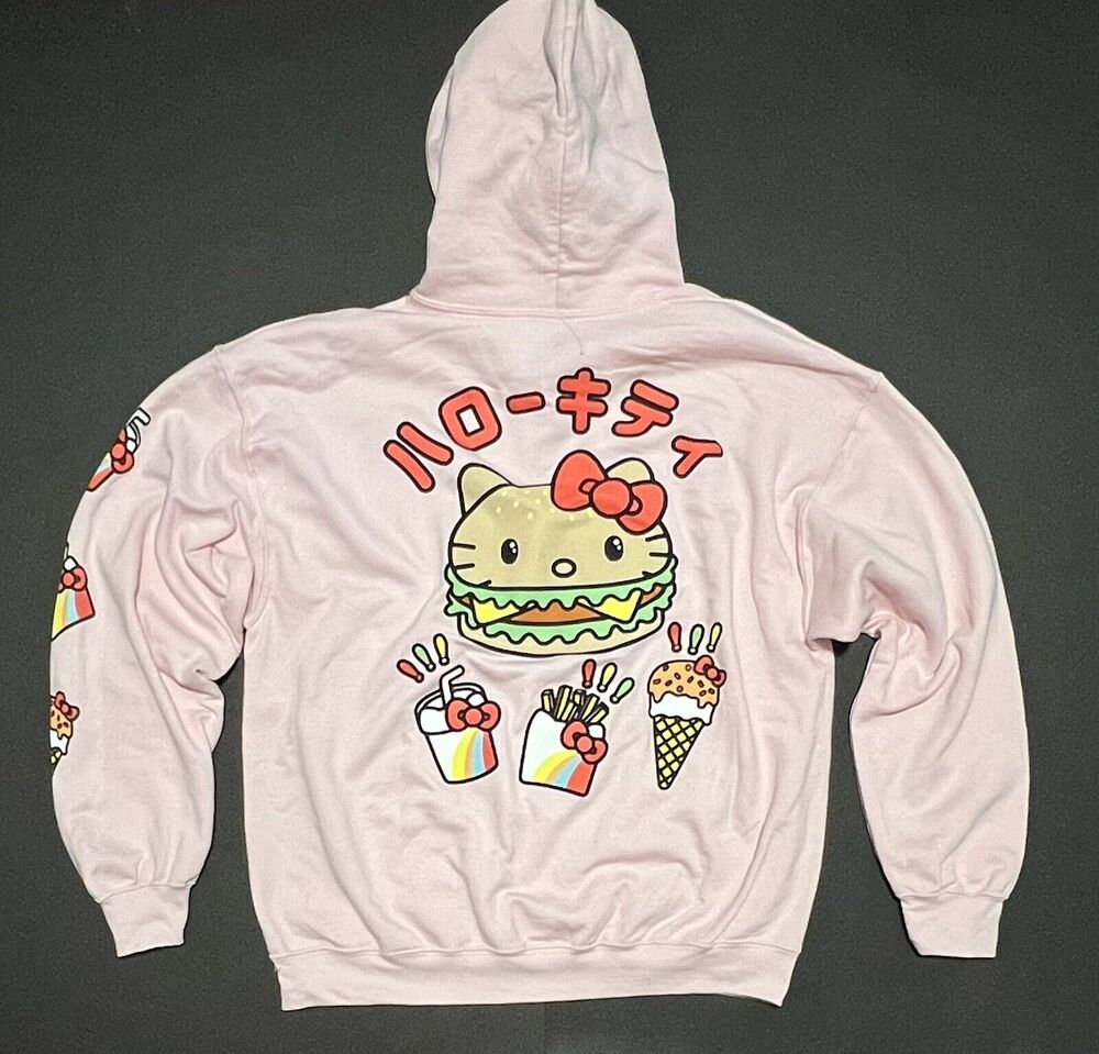 Hello Kitty Size L Hoodie Large Sweatshirt Burger Fries Fast Food Snacks PINK